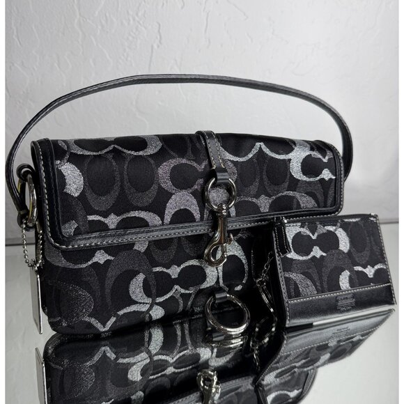 Authentic COACH Signature C Logo Shoulder Bag & Matching Wallet Set – Black Shim - Picture 1 of 16